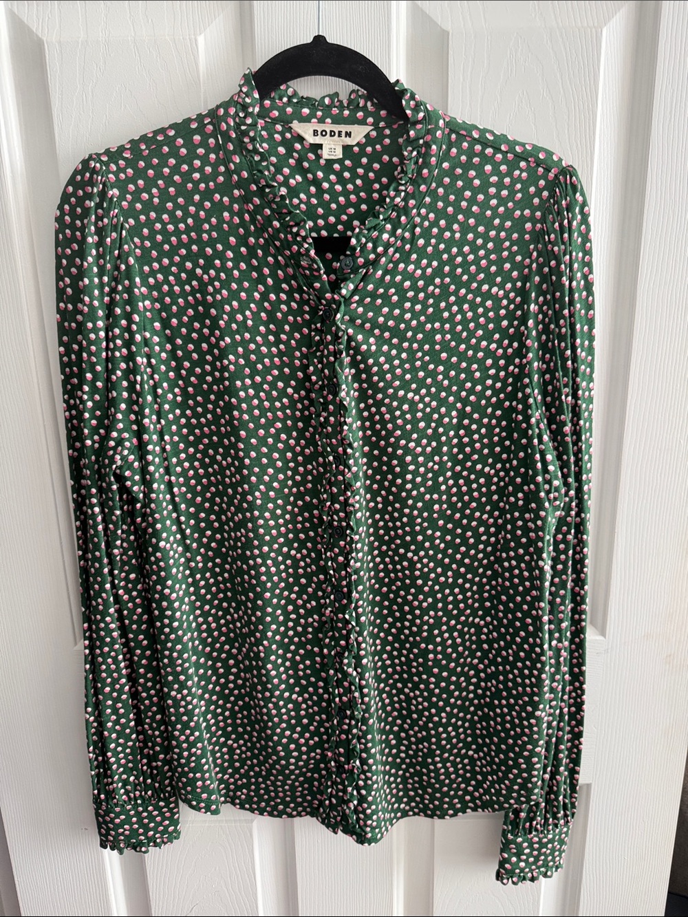 Boden Dark Green Button-Front Dot Ruffle Blouse
